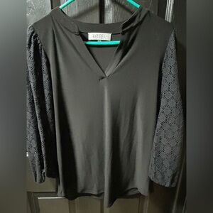 Kasper Black Top with Floral Lace Sleeves